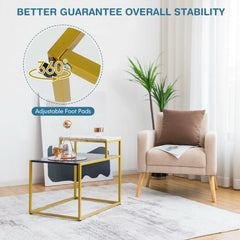 2 Tier Stepped Side Table with Gold Metal Frame and Marble Look Tops