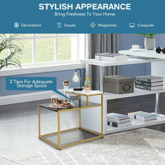 2 Tier Stepped Side Table with Gold Metal Frame and Marble Look Tops