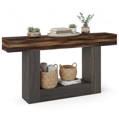 2-Tier Farmhouse Console Table 63 inches Long with Storage Shelf-Rustic Brown