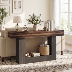 2-Tier Farmhouse Console Table 63 inches Long with Storage Shelf-Rustic Brown