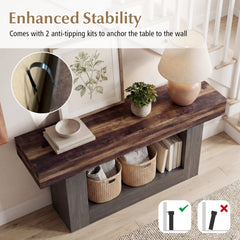 2-Tier Farmhouse Console Table 63 inches Long with Storage Shelf-Rustic Brown