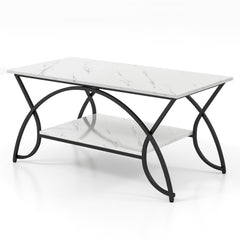 2-Tier Faux Marble Coffee Table with Arched Black Metal Frame, 39.5 Inches
