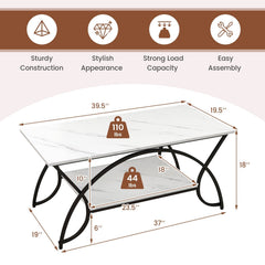2-Tier Faux Marble Coffee Table with Arched Black Metal Frame, 39.5 Inches