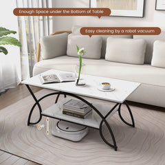 2-Tier Faux Marble Coffee Table with Arched Black Metal Frame, 39.5 Inches
