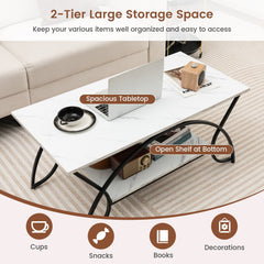 2-Tier Faux Marble Coffee Table with Arched Black Metal Frame, 39.5 Inches
