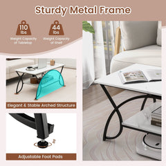2-Tier Faux Marble Coffee Table with Arched Black Metal Frame, 39.5 Inches