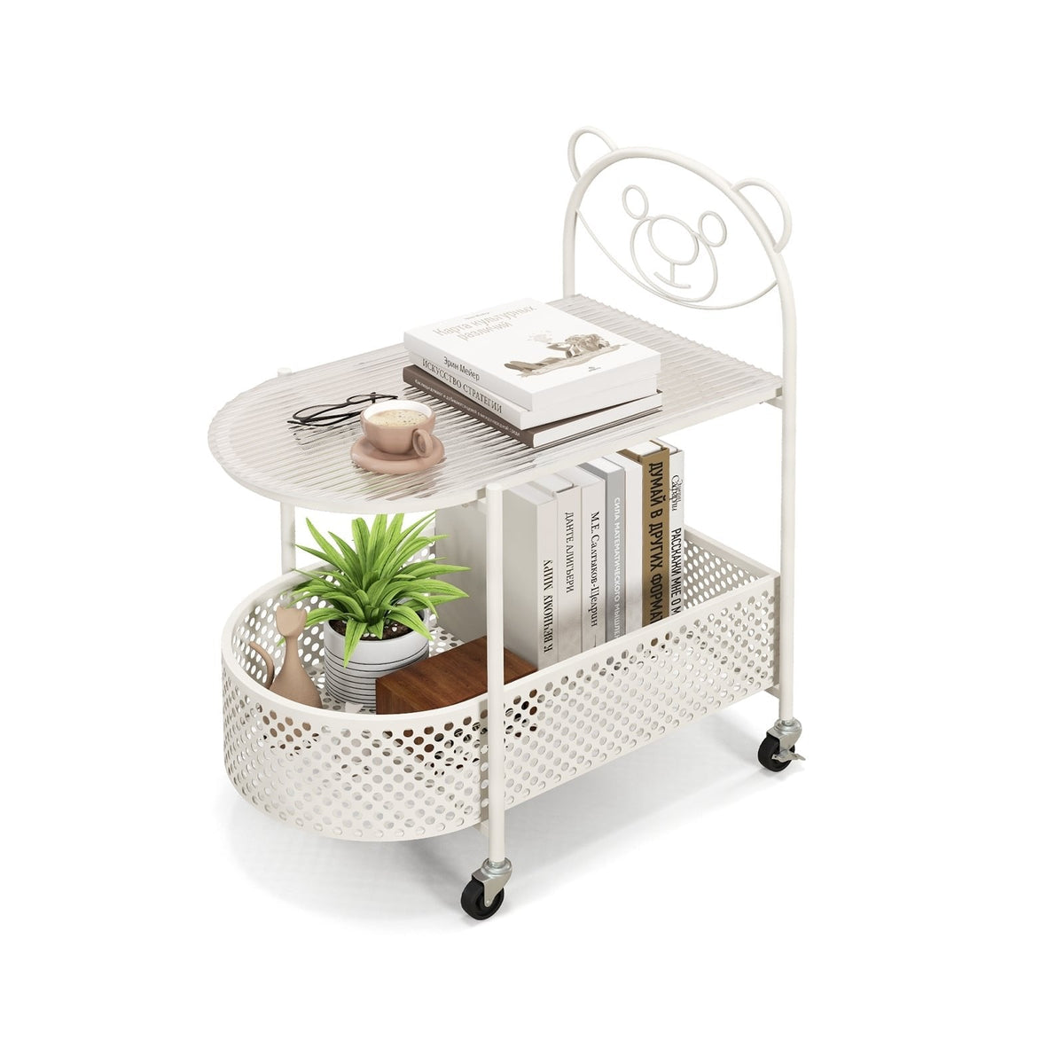 2-Tier Mobile Glass Coffee Table with Bear Pattern, White
