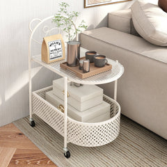 2-Tier Mobile Glass Coffee Table with Bear Pattern, White