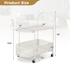 2-Tier Mobile Glass Coffee Table with Bear Pattern, White