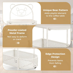 2-Tier Mobile Glass Coffee Table with Bear Pattern, White