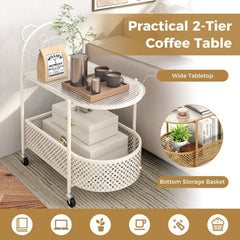 2-Tier Mobile Glass Coffee Table with Bear Pattern, White