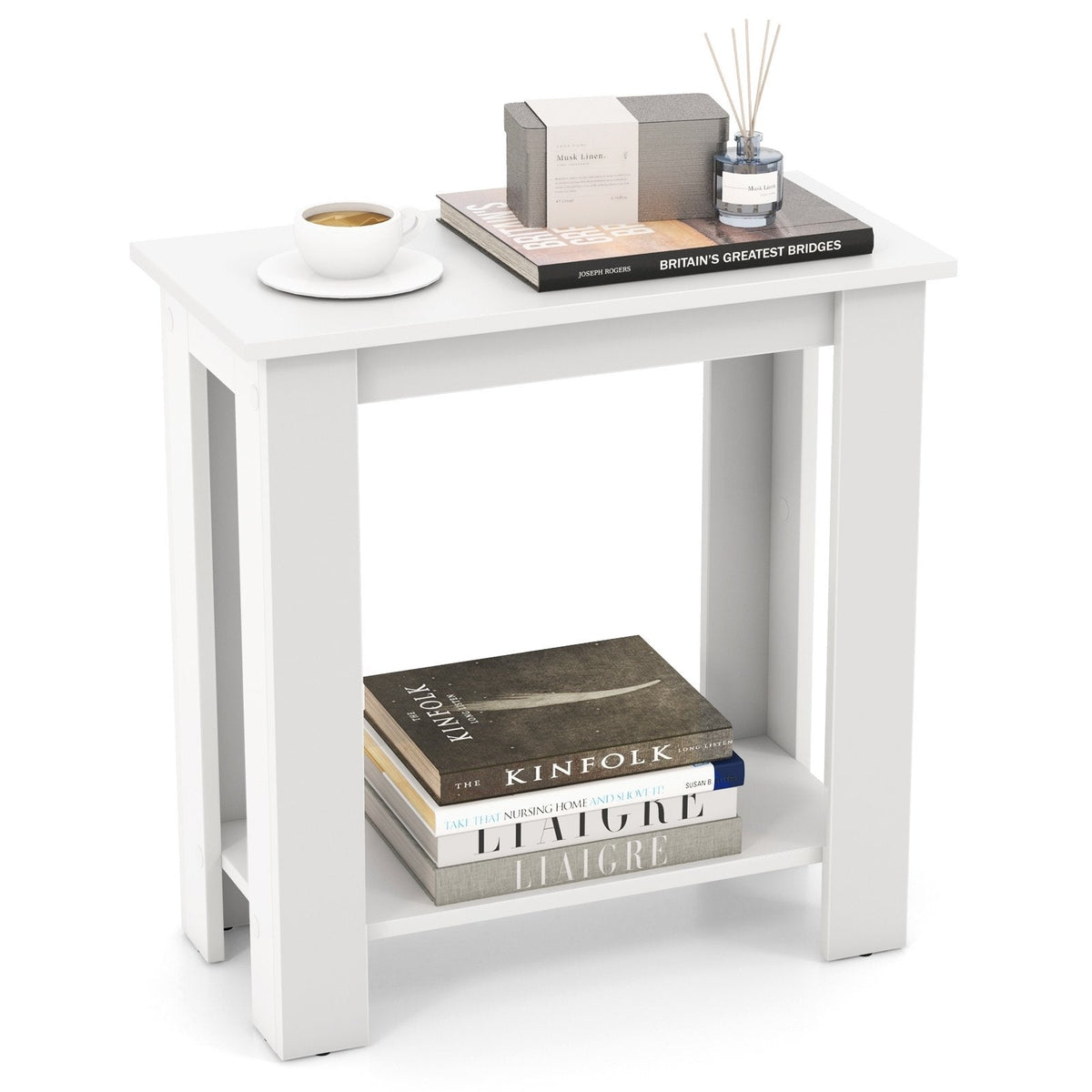 Compact 2 Tier End Table with Storage Shelf, White Finish