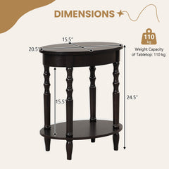 2-Tier Oval Side Table with Storage Shelf and Solid Wood Legs, Espresso