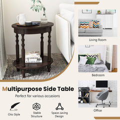 2-Tier Oval Side Table with Storage Shelf and Solid Wood Legs, Espresso