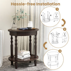 2-Tier Oval Side Table with Storage Shelf and Solid Wood Legs, Espresso