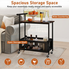 2-Tier Rolling End Table with Handle and Mesh Basket-Rustic Brown