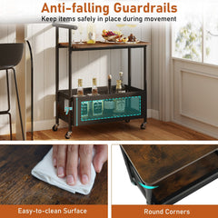 2-Tier Rolling End Table with Handle and Mesh Basket-Rustic Brown