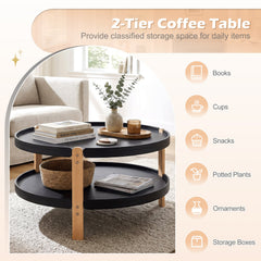 2-Tier Round Coffee Table with Open Storage Shelf and Solid Beech Wood Legs for Living Room-Black