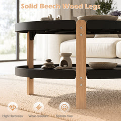 2-Tier Round Coffee Table with Open Storage Shelf and Solid Beech Wood Legs for Living Room-Black