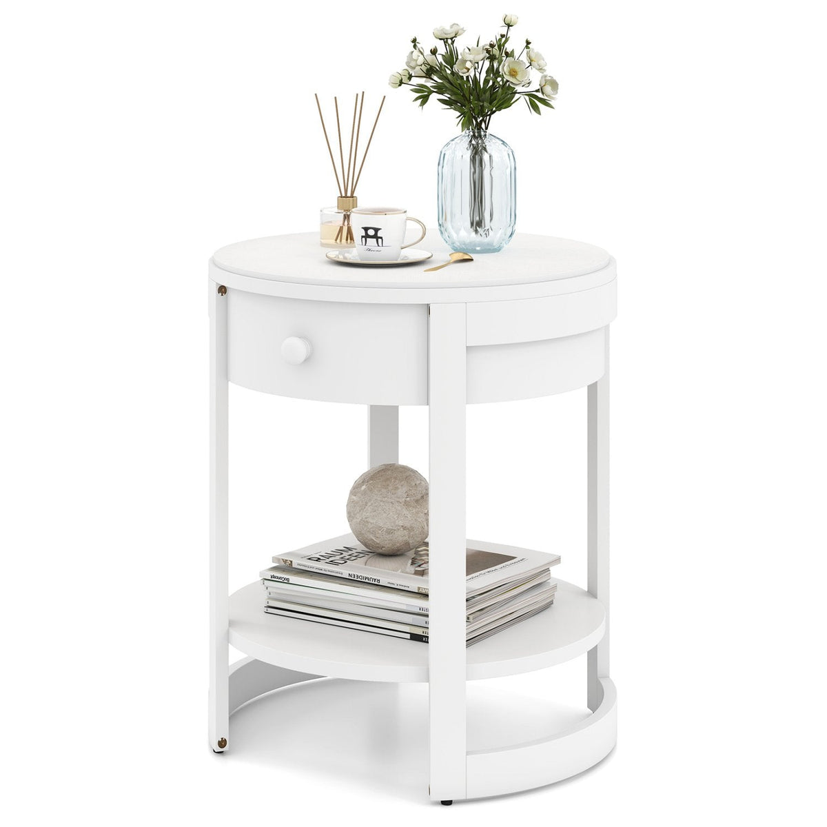 2-Tier Round End Table Mid Century Modern Nightstand-White