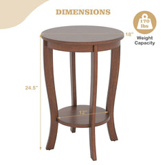2-tier Round End Table with Solid Wood Legs-Brown
