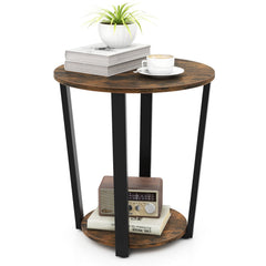 2 Tier Round End Table with Removable Lower Tray and Metal Frame, Walnut
