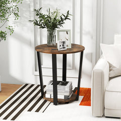2 Tier Round End Table with Removable Lower Tray and Metal Frame, Walnut
