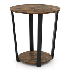 2 Tier Round End Table with Removable Lower Tray and Metal Frame, Walnut