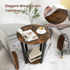 2 Tier Round End Table with Removable Lower Tray and Metal Frame, Walnut