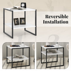 2-Tier Square End Table with Reversible Storage Shelf, White