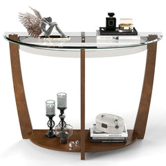 2-tier Tempered Glass Console Table with Clear Glass Top and Open Shelf-Walnut