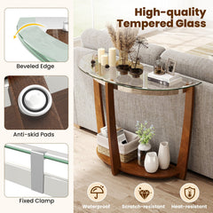 2-tier Tempered Glass Console Table with Clear Glass Top and Open Shelf-Walnut