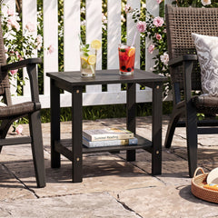 2-Tier Wood Patio End Table with Slatted Tabletop and Storage Shelf for Backyard-Black