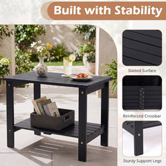 2-Tier Wood Patio End Table with Slatted Tabletop and Storage Shelf for Backyard-Black