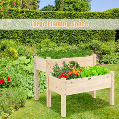 2 Tier Elevated Wooden Planter Box with Legs, Natural Fir Raised Garden Bed with Drain Holes