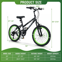 20 Inch Kids Mountain Bike with Shimano 7 Speed and Suspension Fork, Black