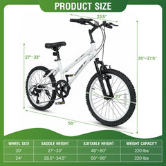 20 Inch Kids Mountain Bike with Shimano 7 Speed and Suspension Fork, White