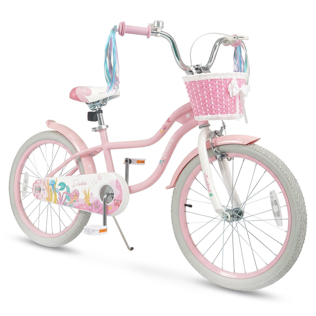 20 Inch Girls Bike with Basket, Streamers and Kickstand, Mermaid Theme, Pink