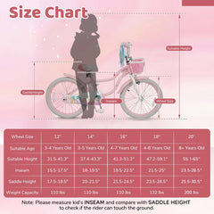 20 Inch Girls Bike with Basket, Streamers and Kickstand, Mermaid Theme, Pink