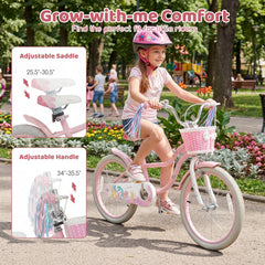 20 Inch Girls Bike with Basket, Streamers and Kickstand, Mermaid Theme, Pink