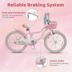 20 Inch Girls Bike with Basket, Streamers and Kickstand, Mermaid Theme, Pink