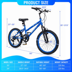 20 Inch Kids Mountain Bike with Shimano 7 Speed and Suspension Fork, Blue