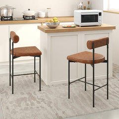 Set of 2 Bolster Back Counter Stools in Brown Faux Leather with Metal Frame, 26 Inch Seat