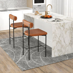 Set of 2 Bolster Back Counter Stools in Brown Faux Leather with Metal Frame, 26 Inch Seat