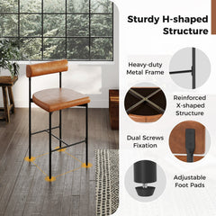 Set of 2 Bolster Back Counter Stools in Brown Faux Leather with Metal Frame, 26 Inch Seat
