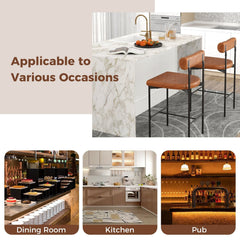 Set of 2 Bolster Back Counter Stools in Brown Faux Leather with Metal Frame, 26 Inch Seat