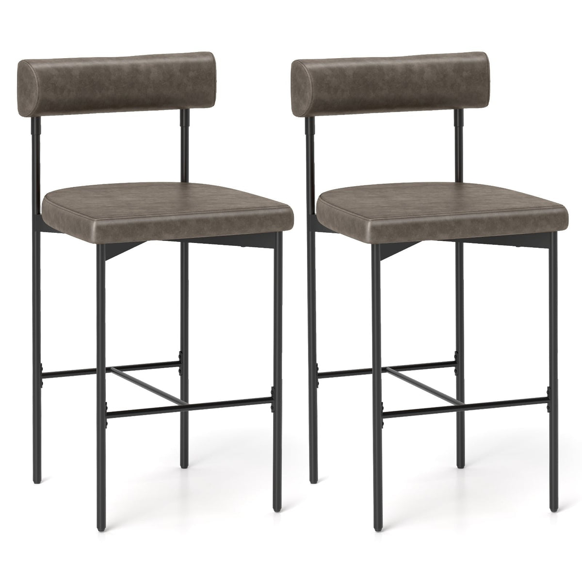Set of 2 Bolster Back Counter Stools in Grey Faux Leather with Metal Frame, 26 Inch Seat