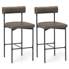 Set of 2 Bolster Back Counter Stools in Grey Faux Leather with Metal Frame, 26 Inch Seat
