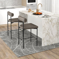 Set of 2 Bolster Back Counter Stools in Grey Faux Leather with Metal Frame, 26 Inch Seat