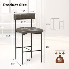 Set of 2 Bolster Back Counter Stools in Grey Faux Leather with Metal Frame, 26 Inch Seat